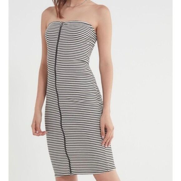 Urban Outfitters Cream/Black Striped Zip-Front Strapless BodyCon Dress Sz S NWT - Picture 2 of 12